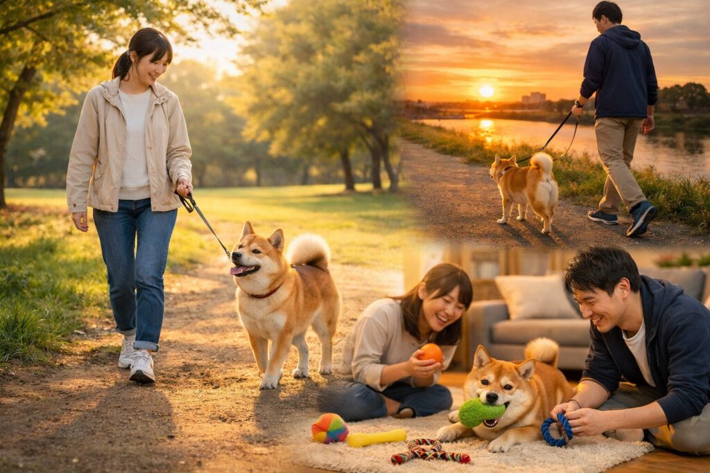 柴犬と散歩や室内遊びをしている生活の様子