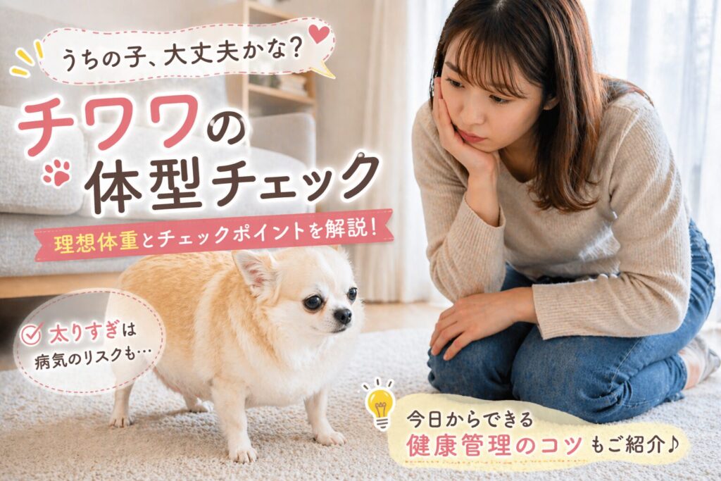 少しふっくらしたチワワを心配そうに見る飼い主の女性と体型チェックのイメージ