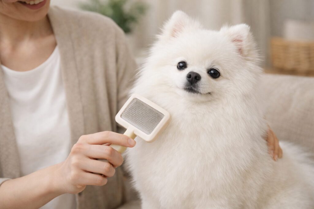 ブラシでポメラニアンを手入れしている様子