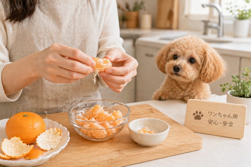 犬用にみかんの薄皮を取り除いている様子