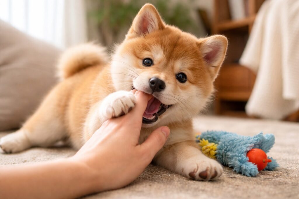 柴犬5ヶ月の子犬が噛み癖で手やおもちゃを噛む様子