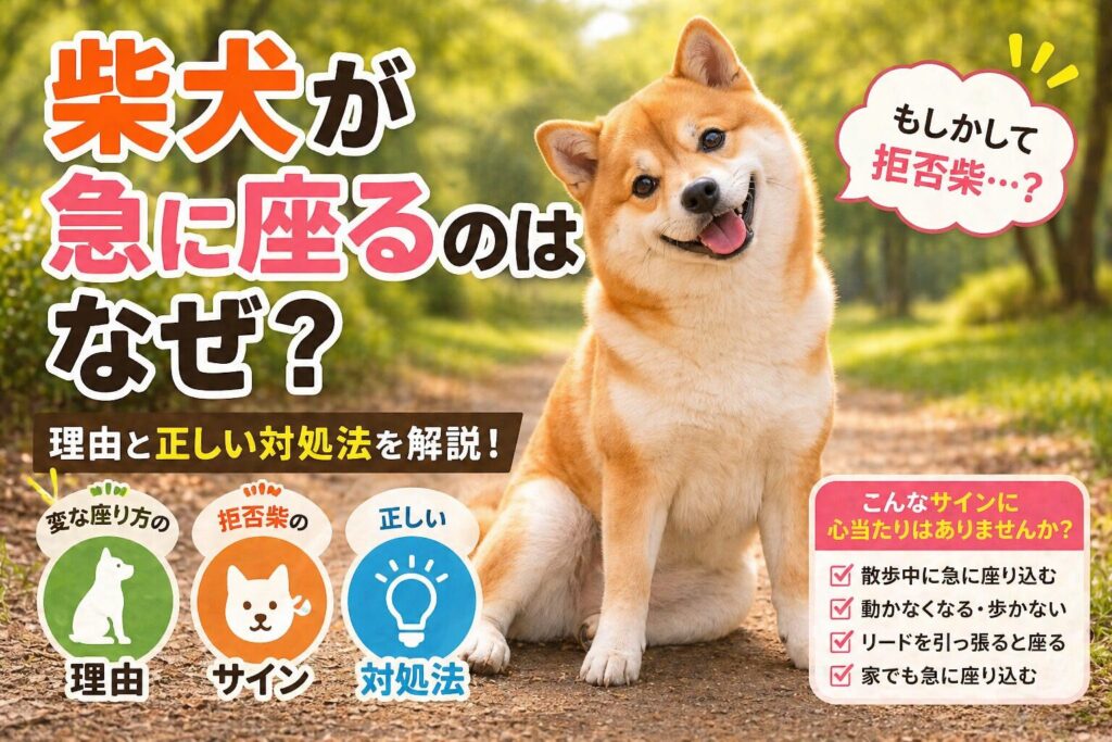 柴犬が地面に座っている様子 理由を考えているような表情