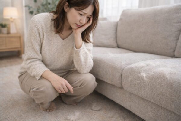 犬の抜け毛に悩む飼い主と床に落ちた毛