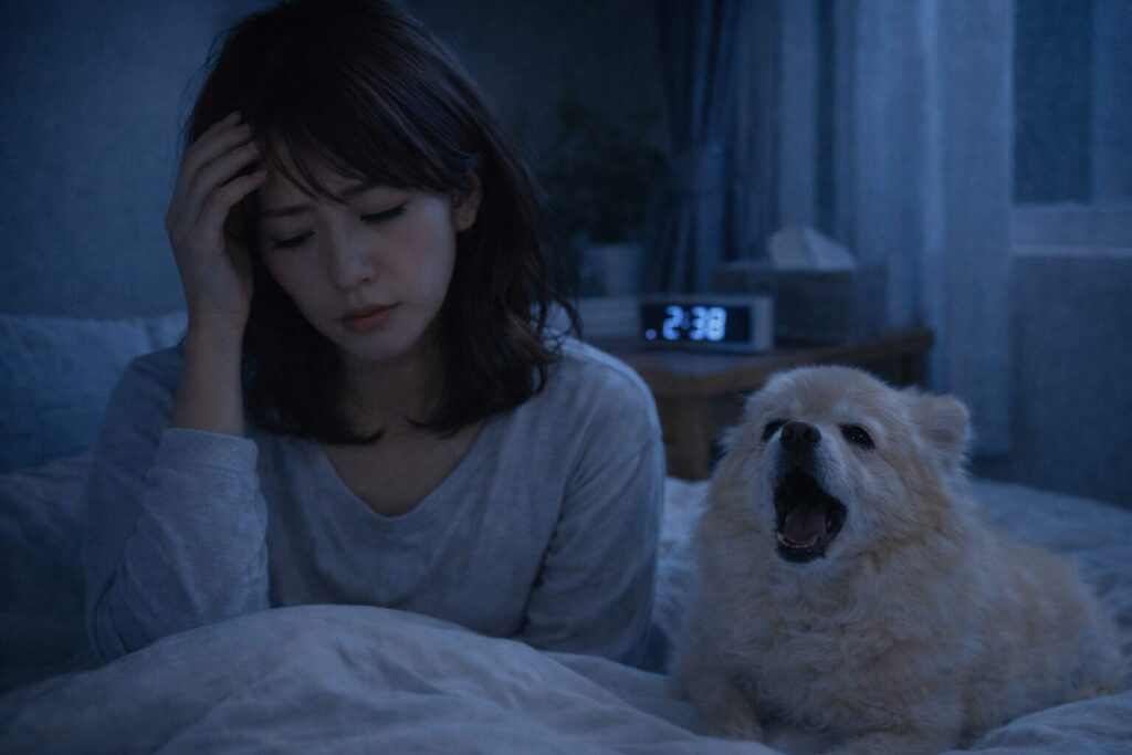 夜泣きする老犬に困り眠れない飼い主の様子