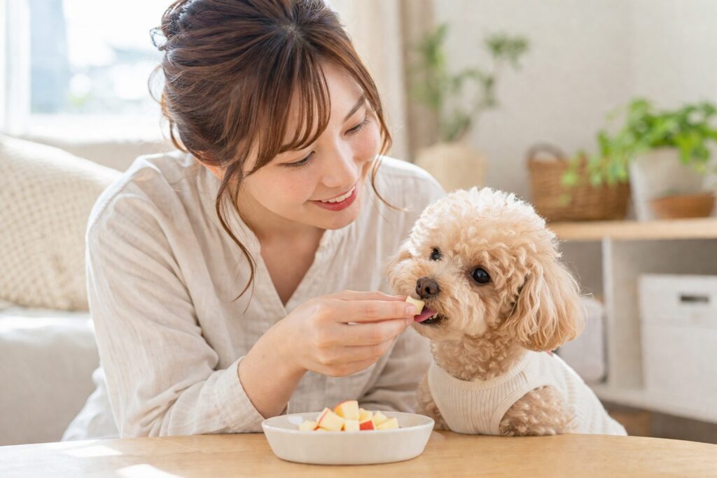 小型犬にカットしたりんごを与えている様子