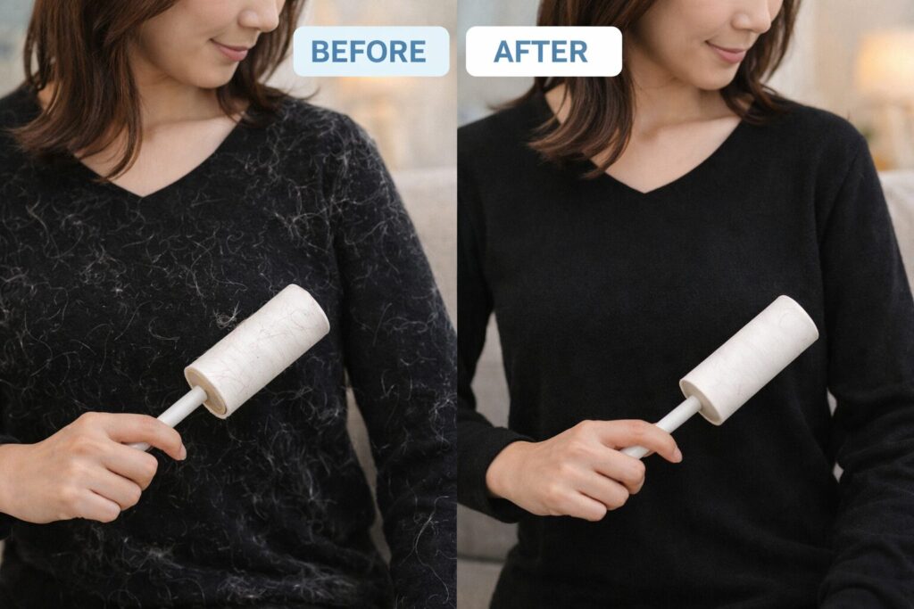 服についた犬の毛をコロコロで取っている様子