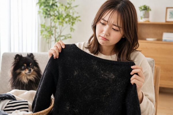 犬の毛が黒い服について困っている女性の様子