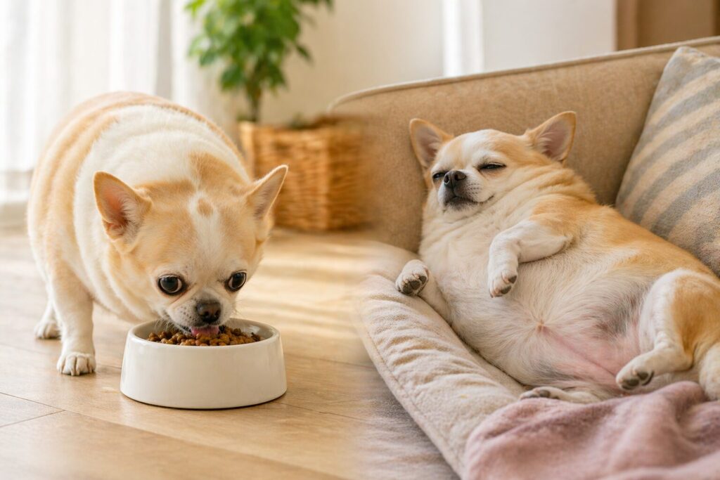 チワワの体重が増える原因（食事と運動不足）のイメージ