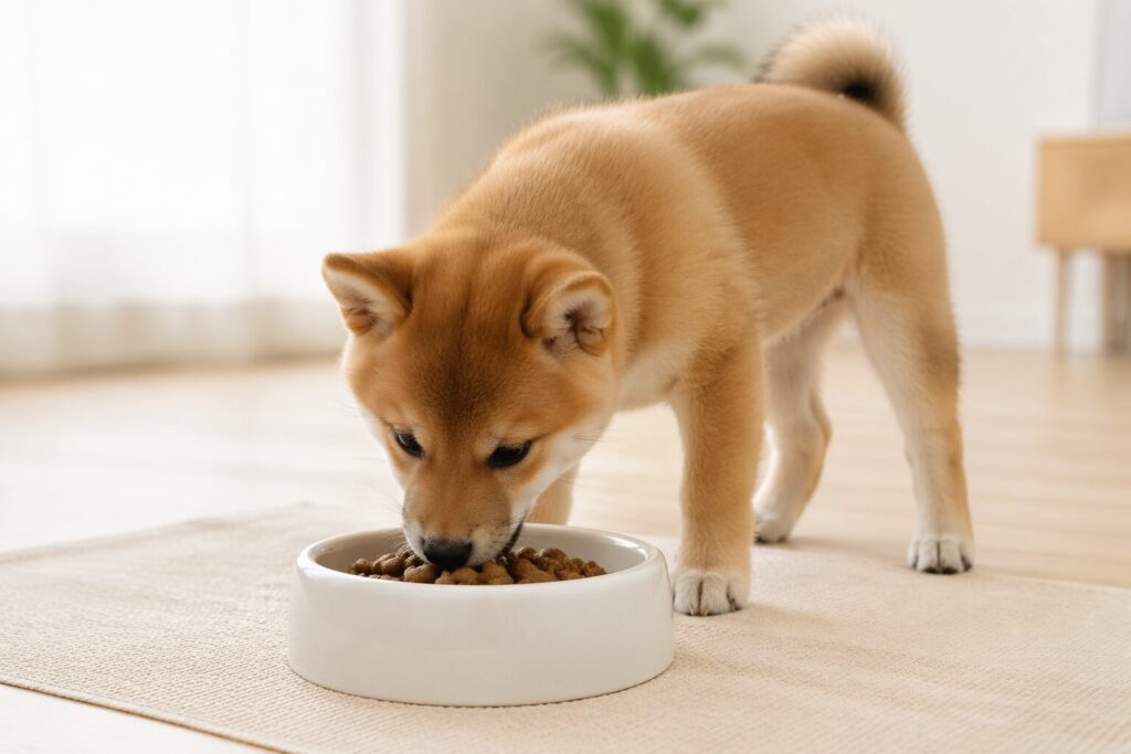 柴犬5ヶ月の子犬がドッグフードを食べている様子