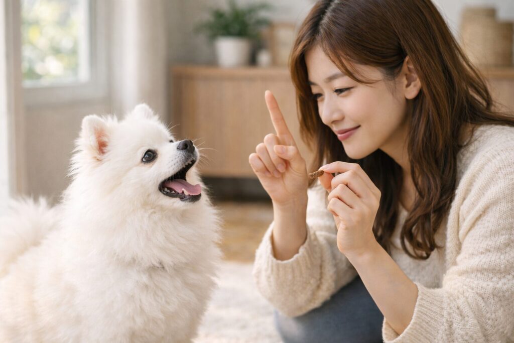 ポメラニアンにしつけをしている飼い主の様子