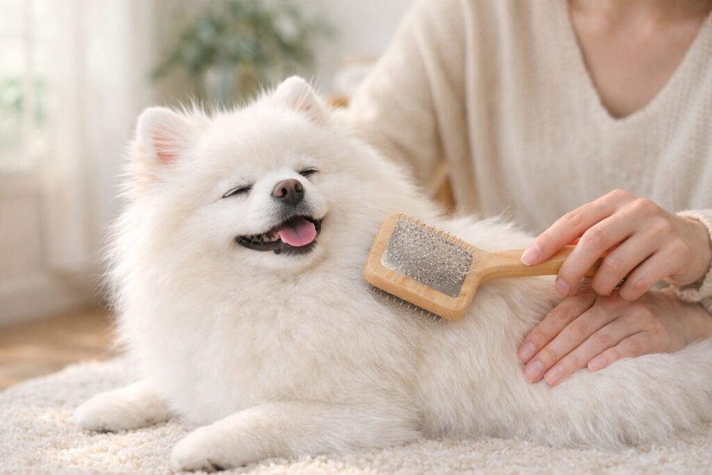 ポメラニアンを優しくブラッシングして毛玉をほぐしている様子