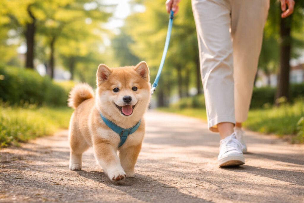 柴犬5ヶ月の子犬が散歩している様子