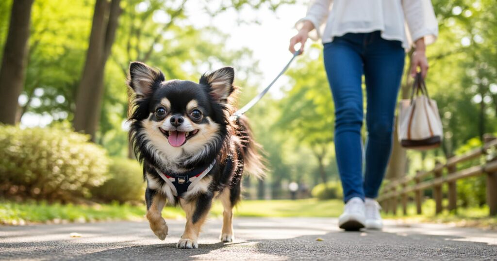散歩中のチワワの様子、運動による健康管理のイメージ