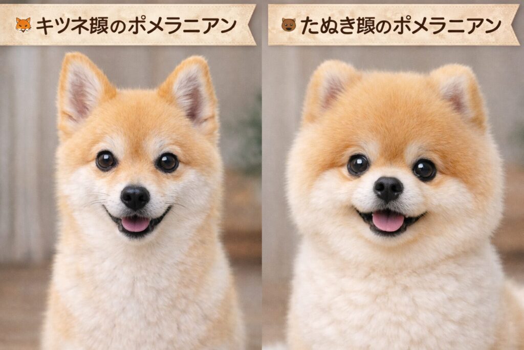 ポメラニアンのキツネ顔とたぬき顔の違いを比較した画像