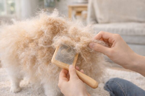 ポメラニアンの毛玉に悩みながらブラッシングしようとしている飼い主の様子