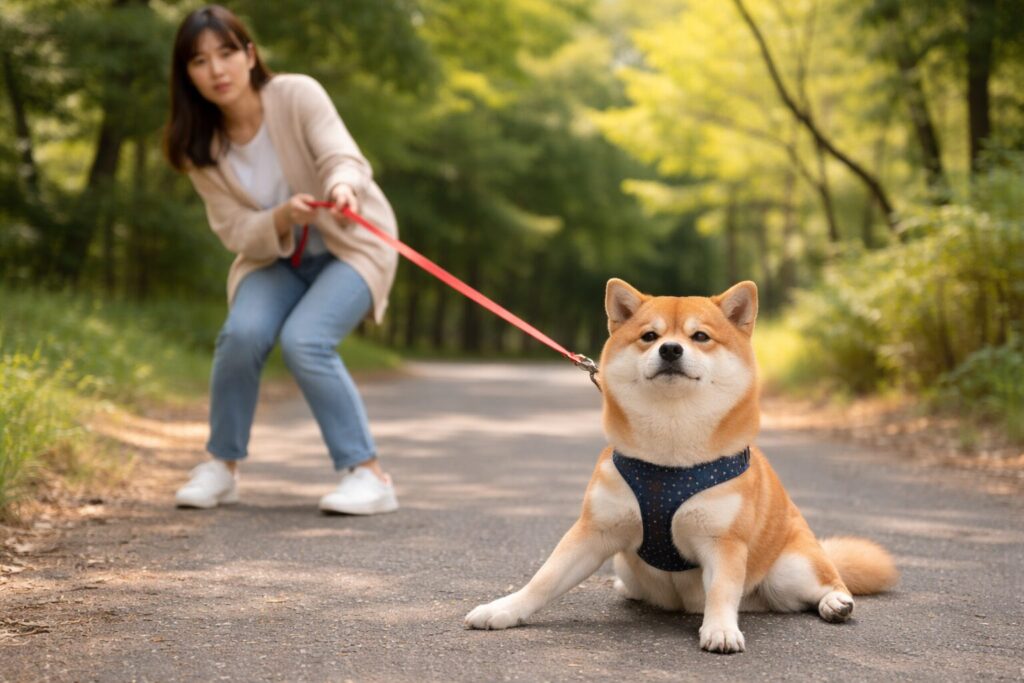 散歩中に座り込んで動かない柴犬 拒否柴の様子