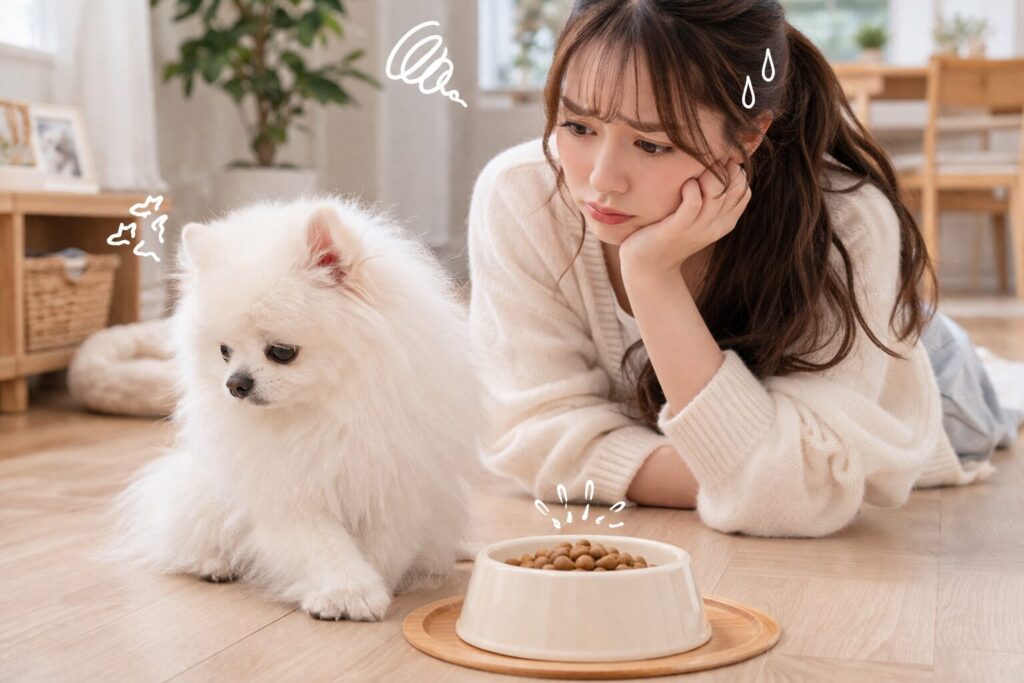 ご飯を食べないポメラニアンの様子