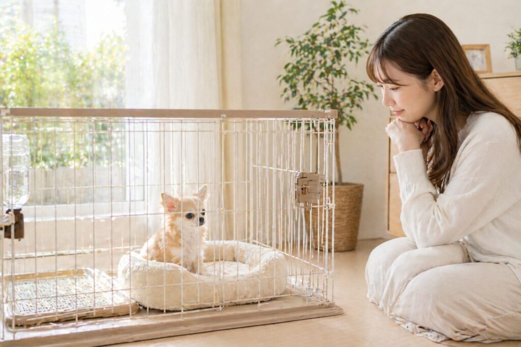 チワワを迎えた初日、ケージの中で落ち着いて過ごしている様子