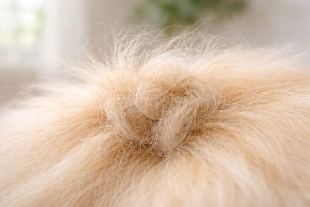 ポメラニアンの毛がフェルト状に絡まった毛玉の状態