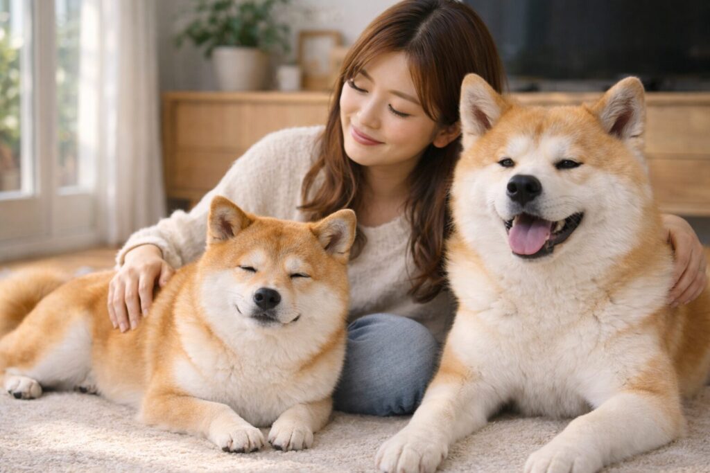 飼い主と柴犬と秋田犬が穏やかに過ごす様子