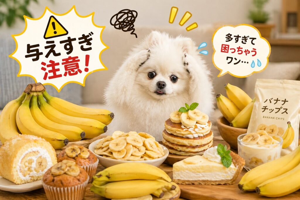 犬がバナナやお菓子を食べすぎて困っている様子