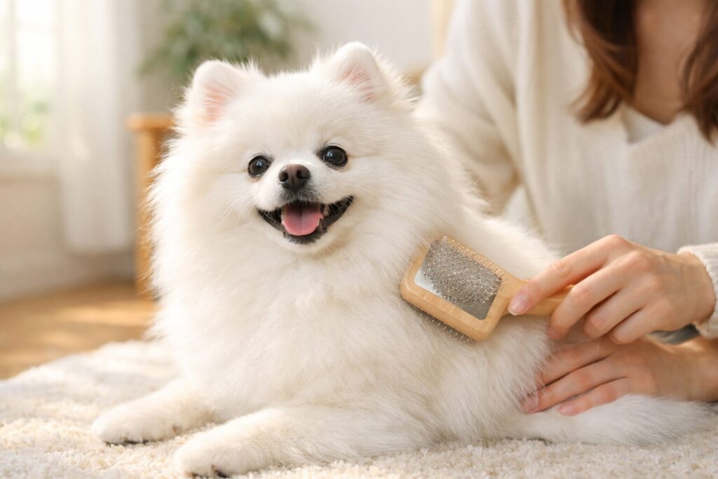 ポメラニアンの日常的なブラッシングで毛玉を予防している様子