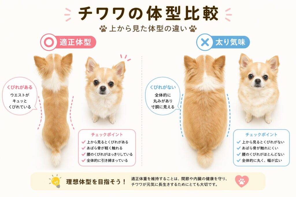 チワワの適正体型と太り気味の違いを比較したイラスト