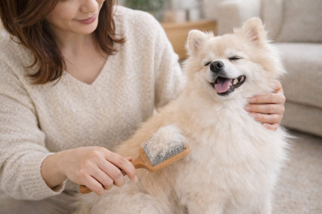 犬の抜け毛対策としてブラッシングをしている様子