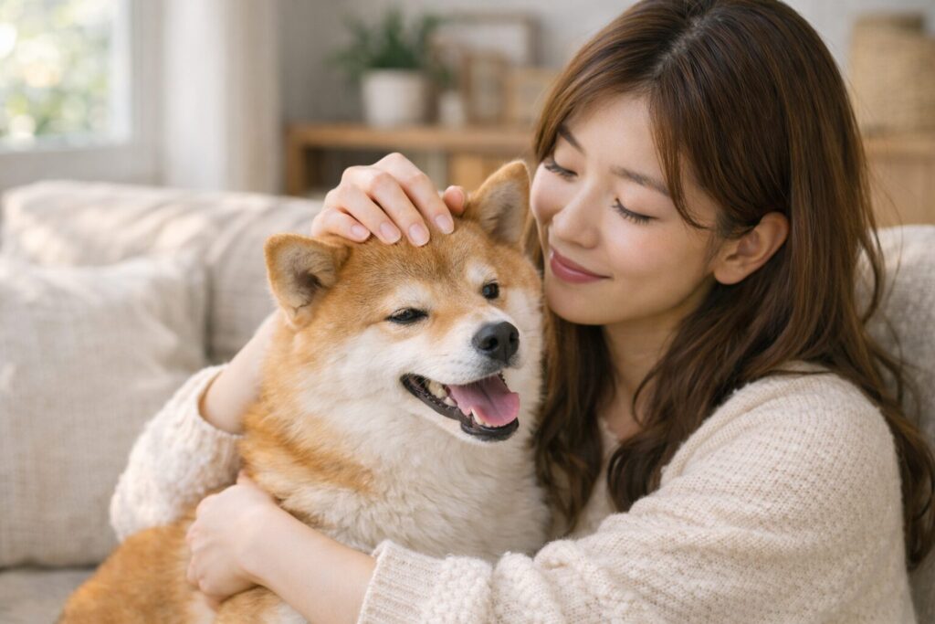 飼い主に撫でられて安心している柴犬