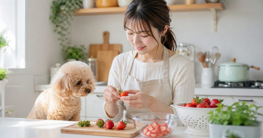いちごのヘタを取り小さくカットしている様子