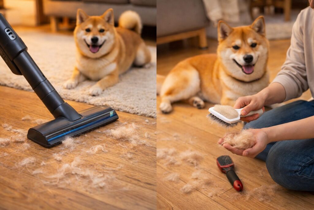 柴犬の抜け毛を掃除している様子