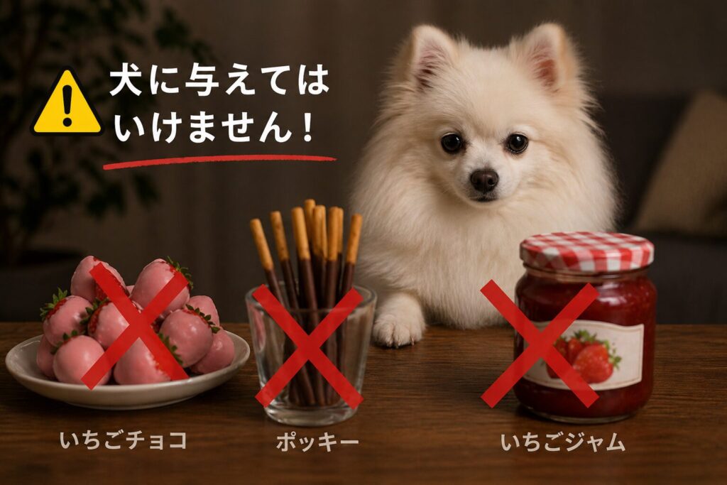 犬の前にあるいちごチョコやポッキーなどのNG食品