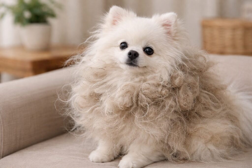 毛玉がひどく絡まったポメラニアンの被毛