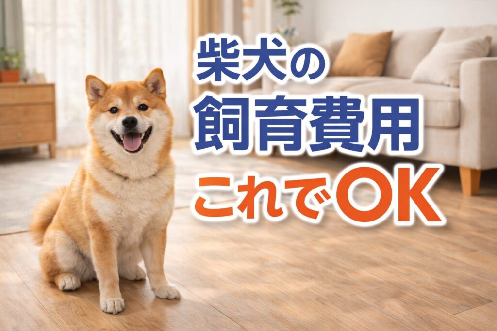 柴犬の飼育費用のイメージと室内でくつろぐ柴犬