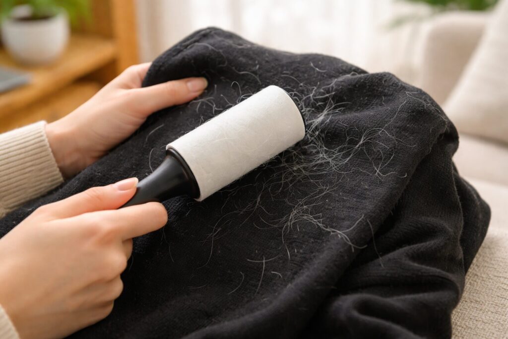 黒い服についた犬の毛をコロコロで取っている様子