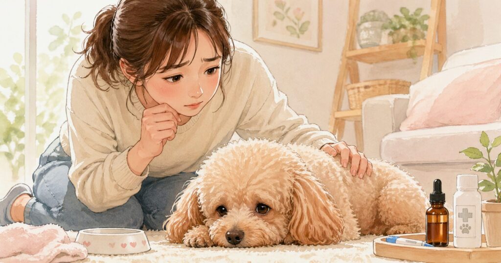 りんごを食べた後に元気がない犬の様子