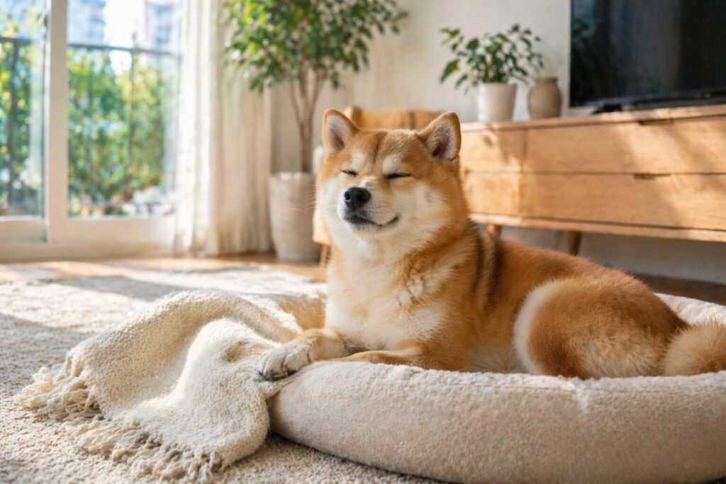 静かな環境で穏やかに過ごす柴犬