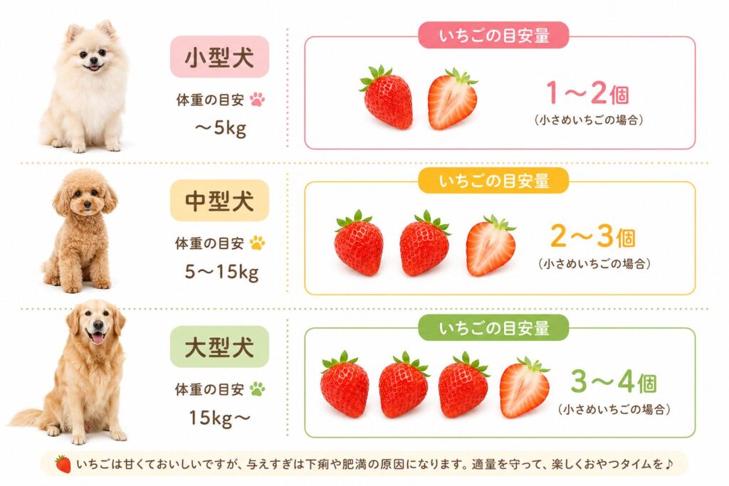 小型犬・中型犬・大型犬ごとのいちごの適量を示したイメージ