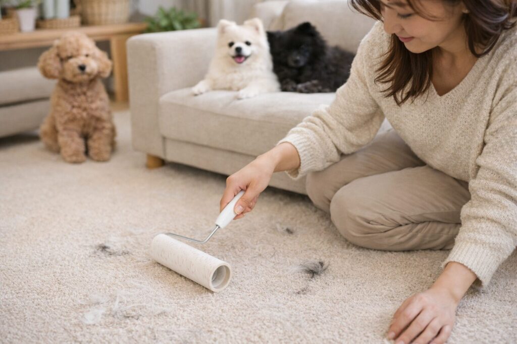 ソファについた犬の毛を掃除している様子