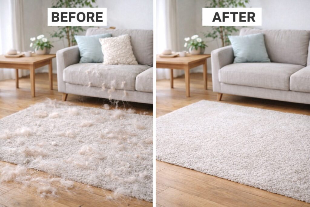 換毛期で抜け毛が多い犬をブラッシングしている様子