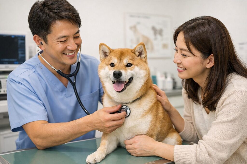 動物病院で診察を受ける柴犬と医療費のイメージ