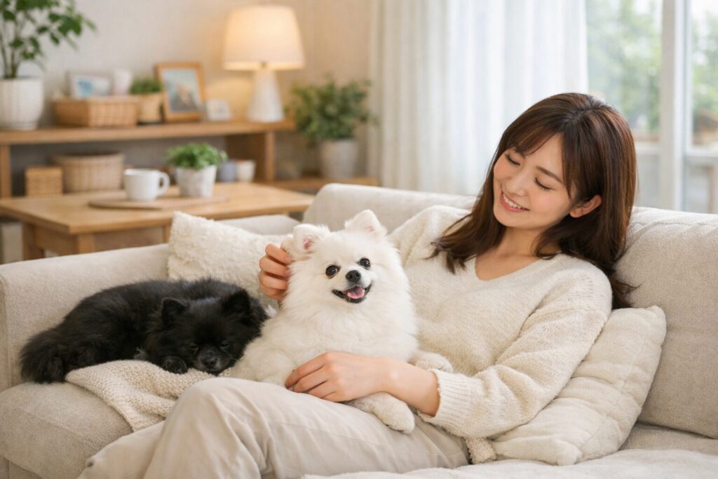 犬と飼い主が清潔な部屋でリラックスしている様子