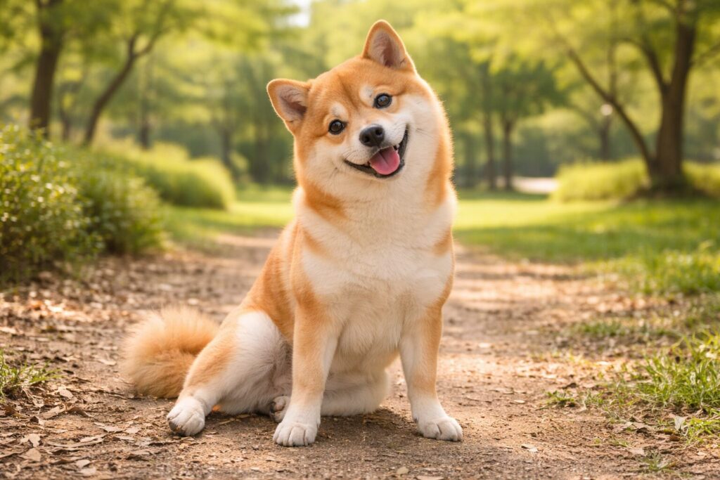 柴犬が地面に座っている様子 理由を考えているような表情