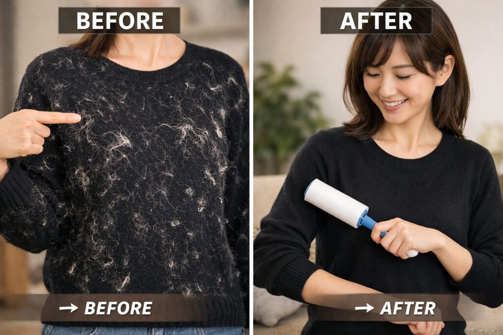 服についた犬の毛をコロコロで取っている様子