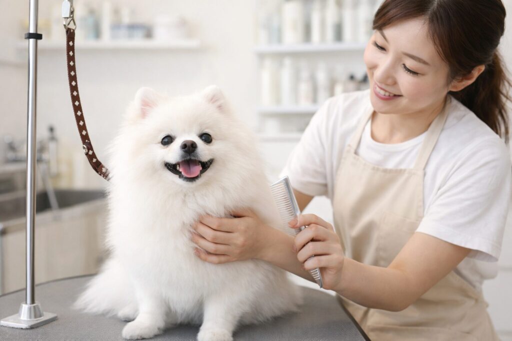 ポメラニアンがトリミングサロンでケアされている様子