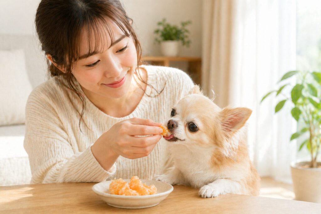 犬に皮をむいたみかんの果肉を与えている様子