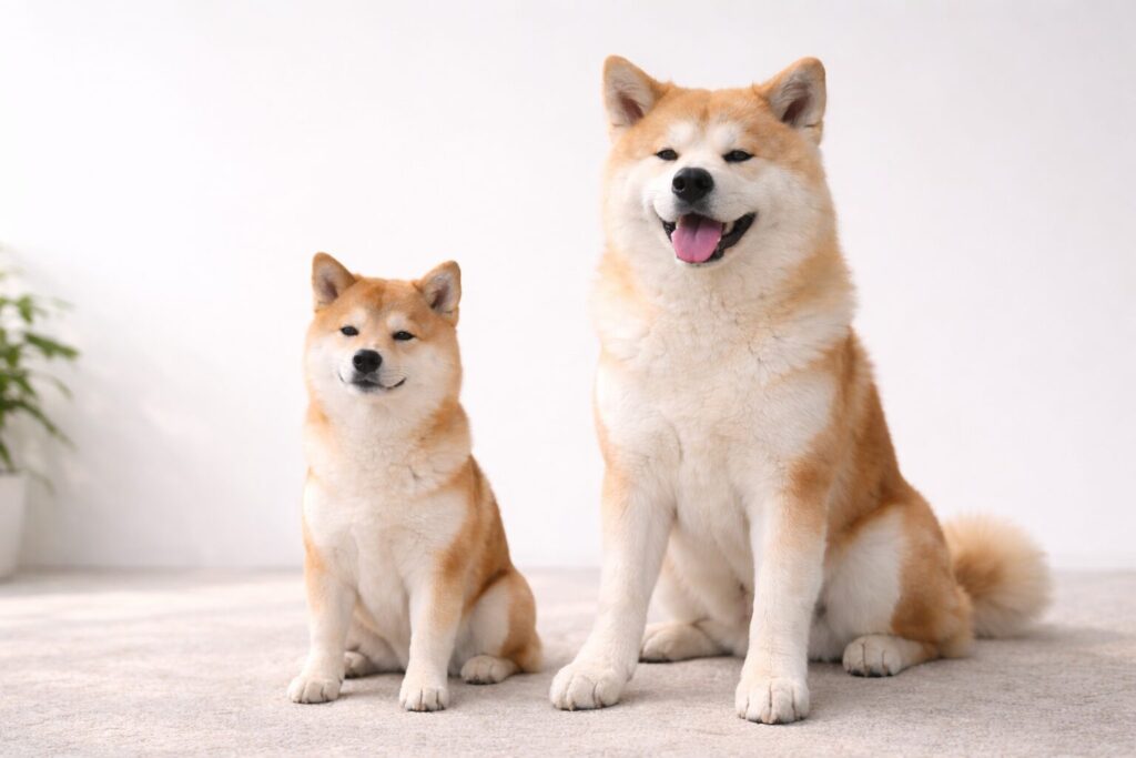 小型の柴犬と大型の秋田犬のサイズ比較