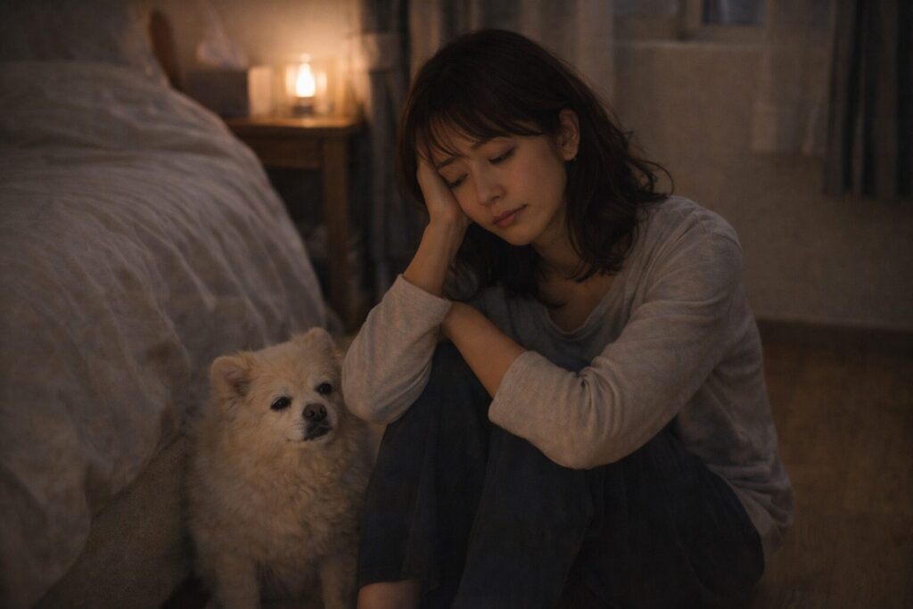 老犬介護に疲れながらも寄り添う飼い主の様子