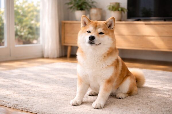 柴犬が静かに落ち着いて座っている様子