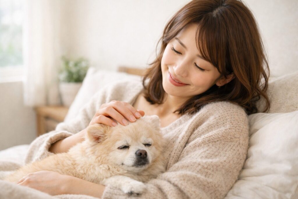 老犬を優しく撫でながら落ち着いた時間を過ごす飼い主